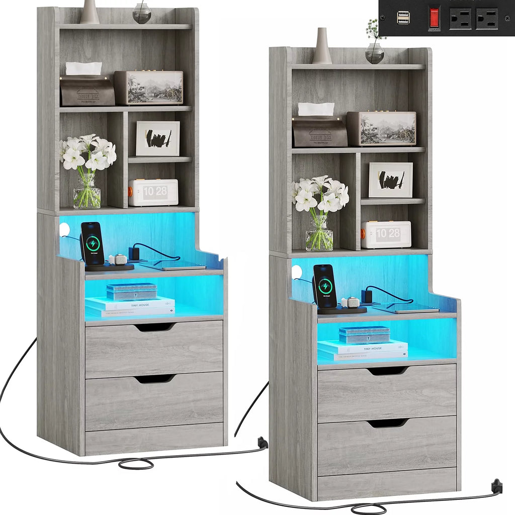 Set of 2 Gray Nightstand with Charging Station and 2 Drawers R78036