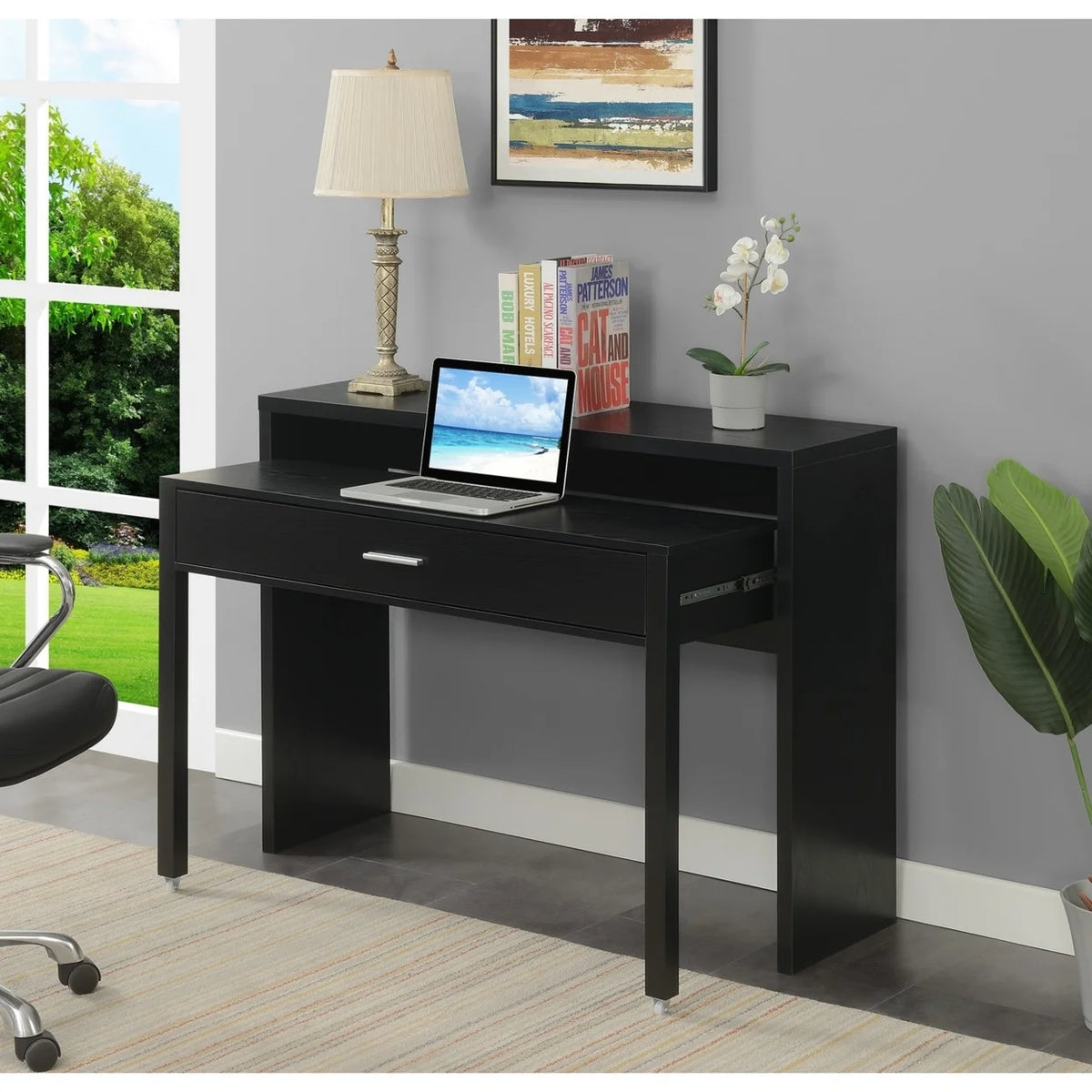 Black Console Desk with Drawer and Riser Y6887