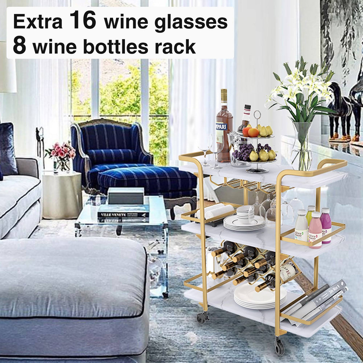 Black 3 Tier Bar Cart with Wheels R9357