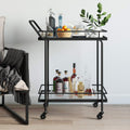 2-Tiered Black Glass and Metal Rolling Bar Cart G9295