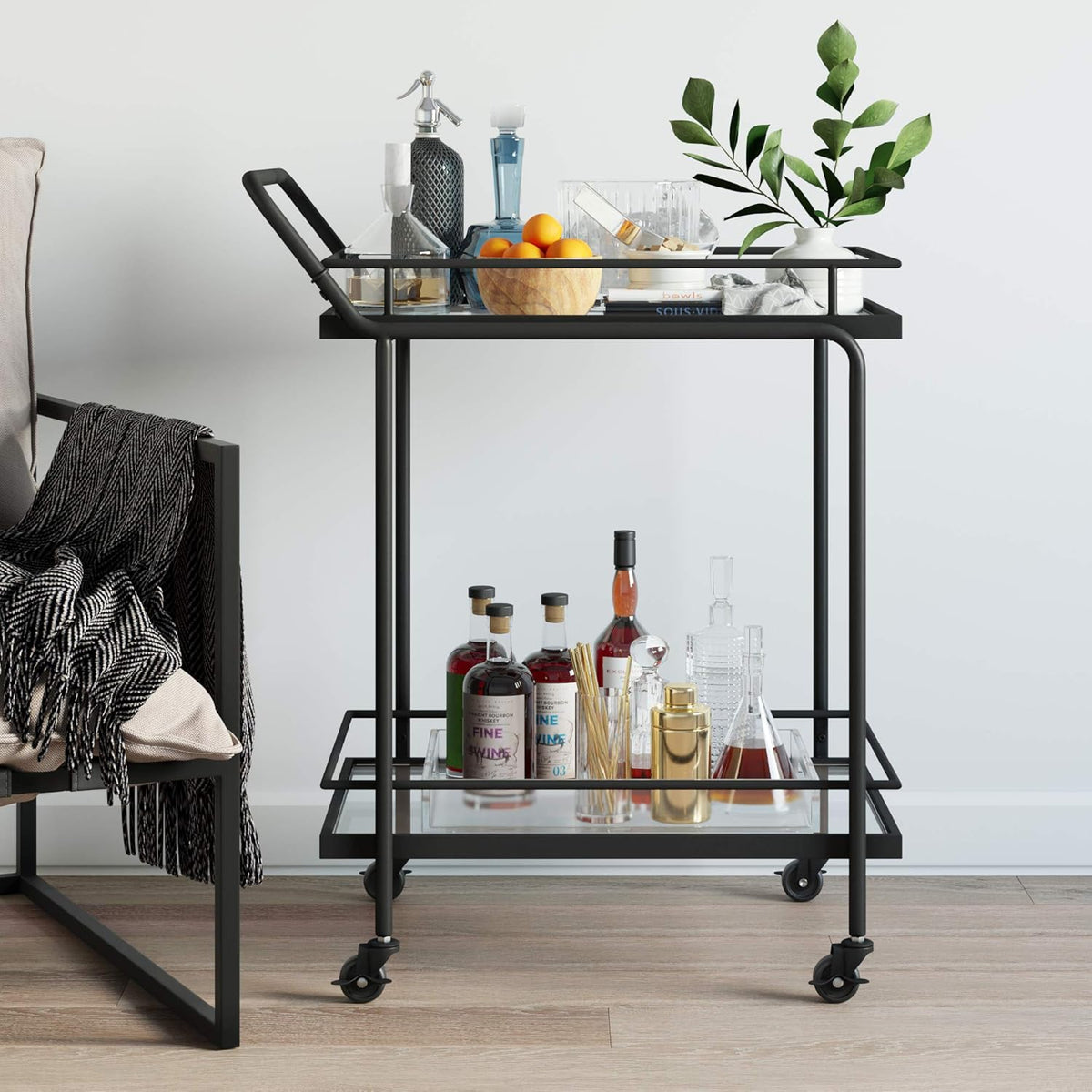 2-Tiered Black Glass and Metal Rolling Bar Cart G9295