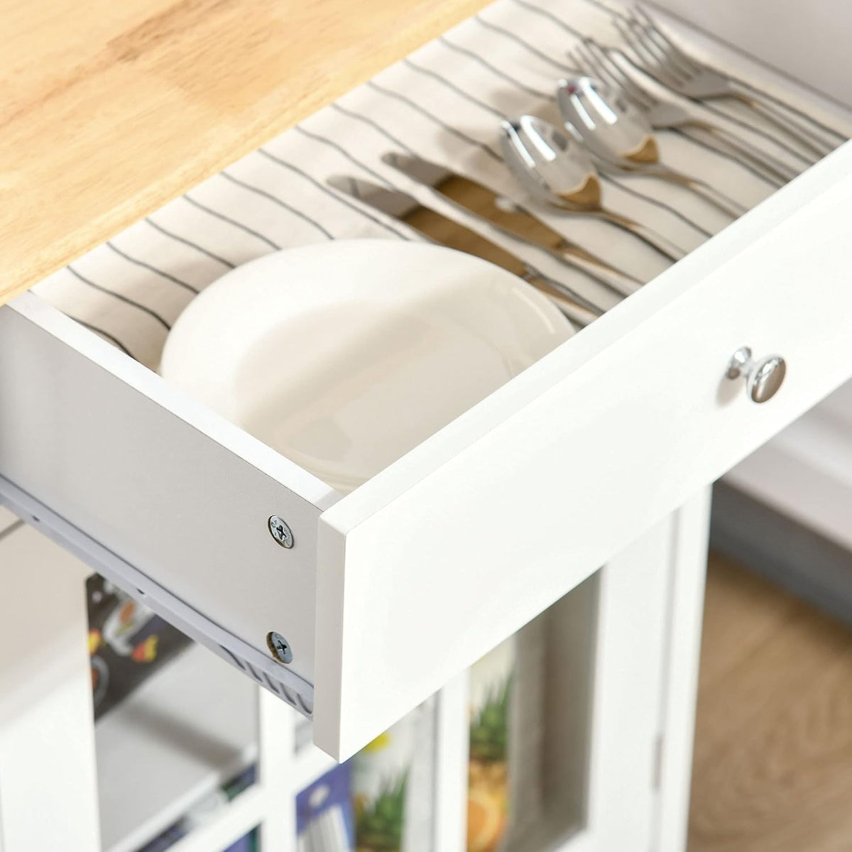 White Rolling Kitchen Island Cart with Drawer and Glass Door Cabinet X459