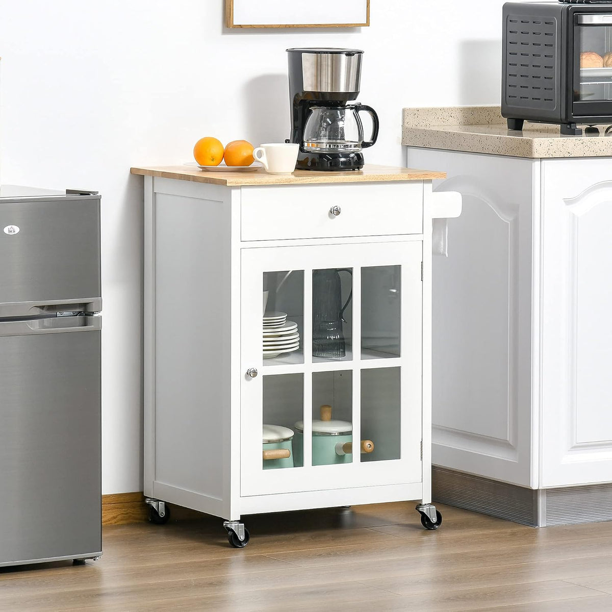 White Rolling Kitchen Island Cart with Drawer and Glass Door Cabinet X459