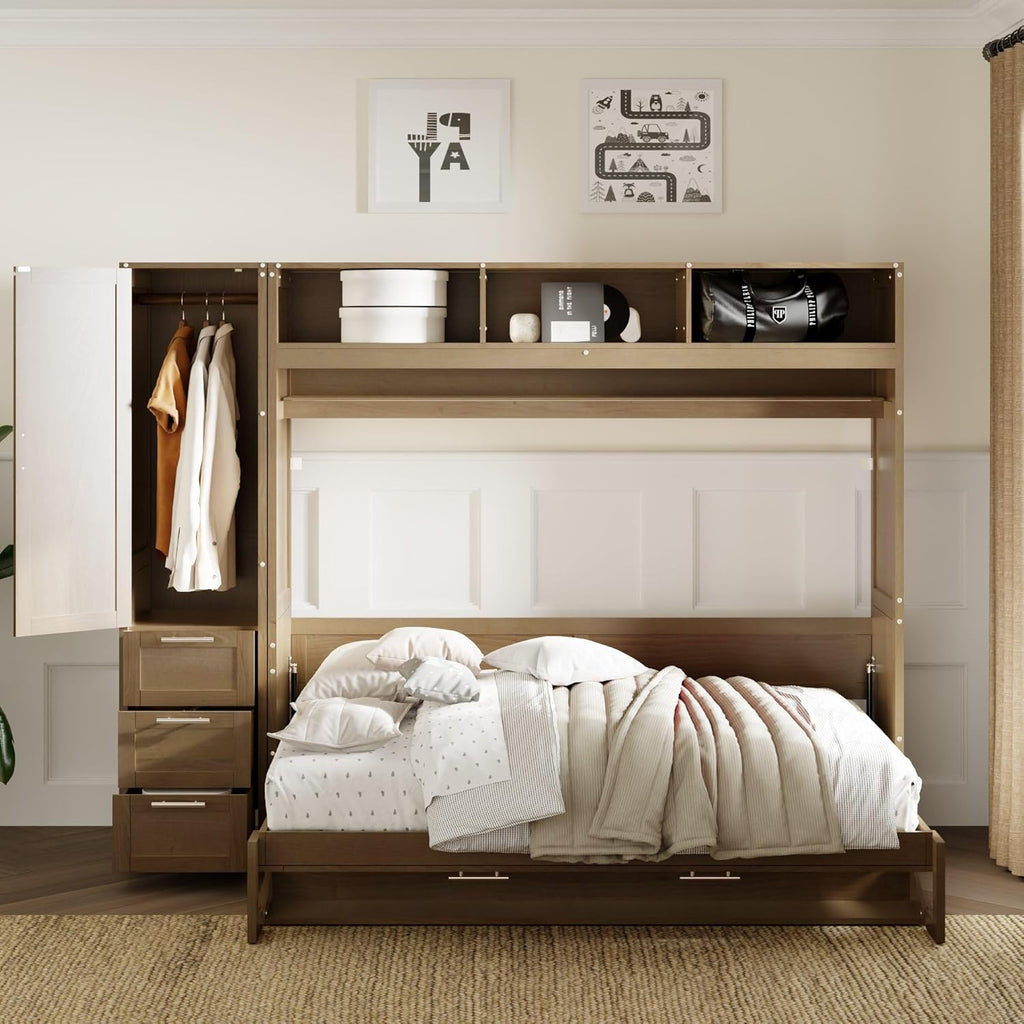 Full Size Murphy Bed Frame with Wardrobe, 3 Drawers and Open Shelves U8167
