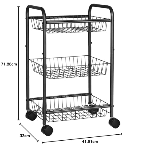 Black 3-Tier Metal Rolling Cart with Baskets and Lockable Handles D289