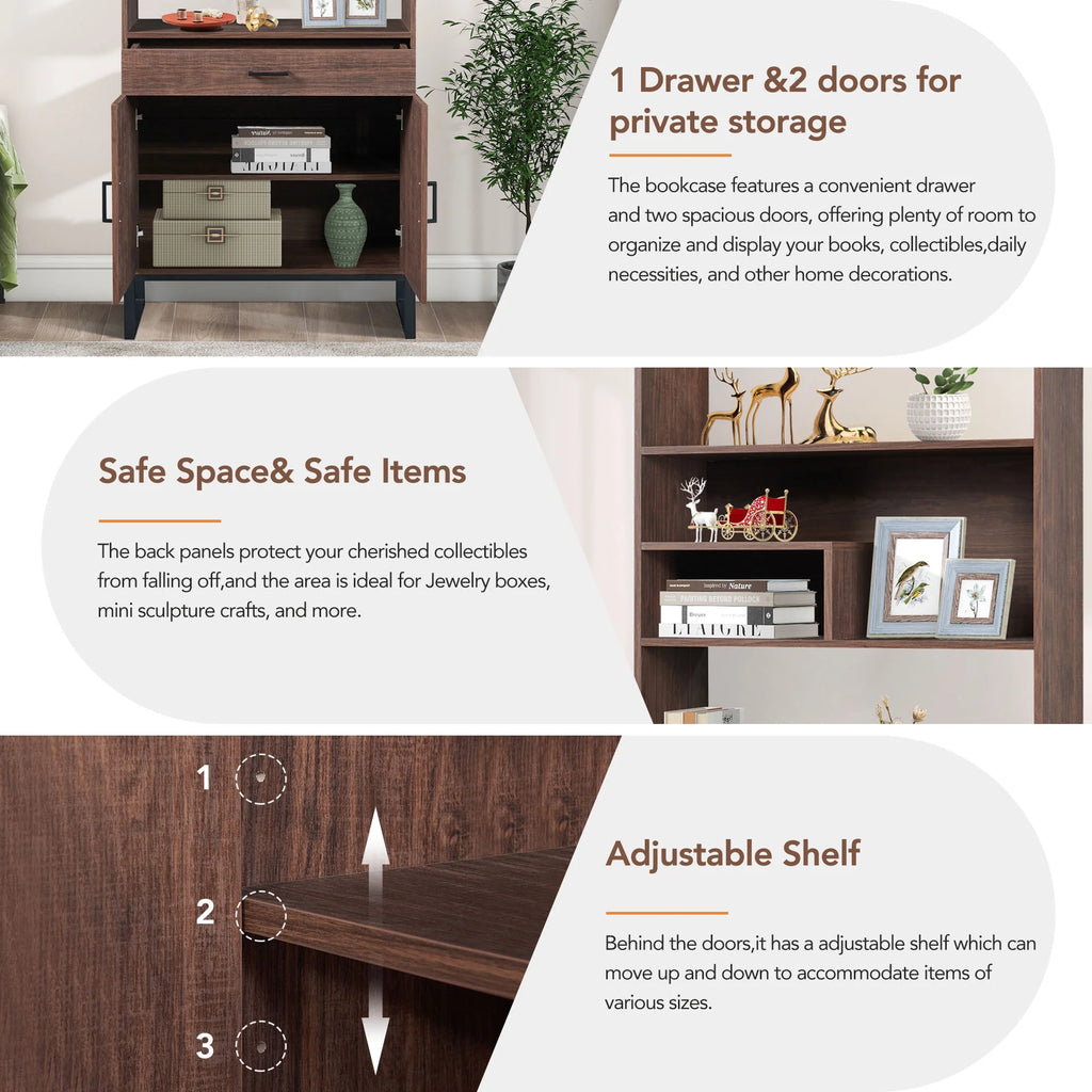 76" Wooden Bookshelf with Doors, Storage Drawer and LED Strip Lights F127192