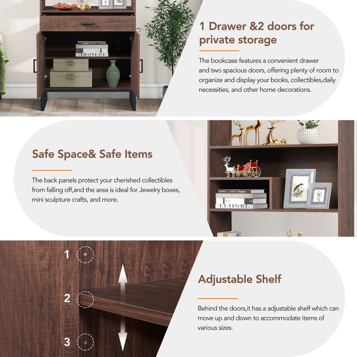 76" Wooden Bookshelf with Doors, Storage Drawer and LED Strip Lights F127192