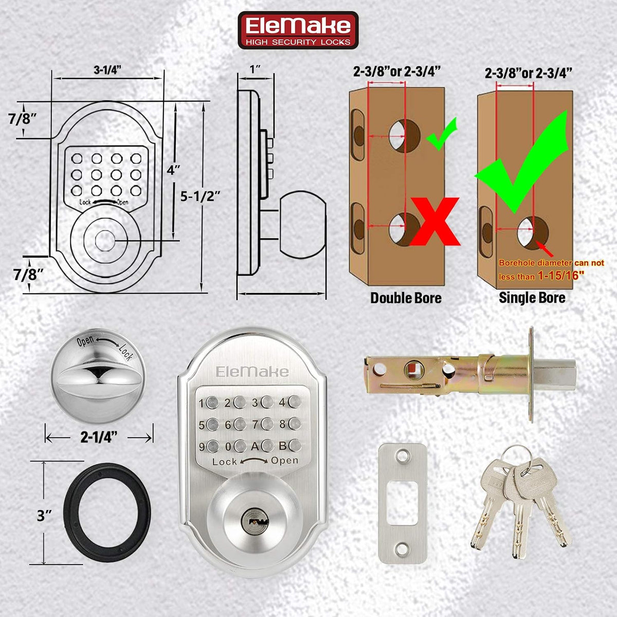 Keyless Entry Deadbolt Stainless Steel Digital Code Keypad Door Knob Weatherproof Pack of 2 L9812