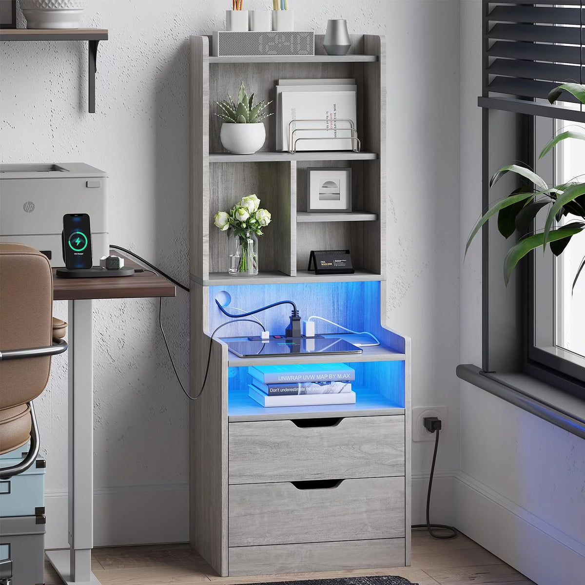 Set of 2 Gray Nightstand with Charging Station and 2 Drawers R78036