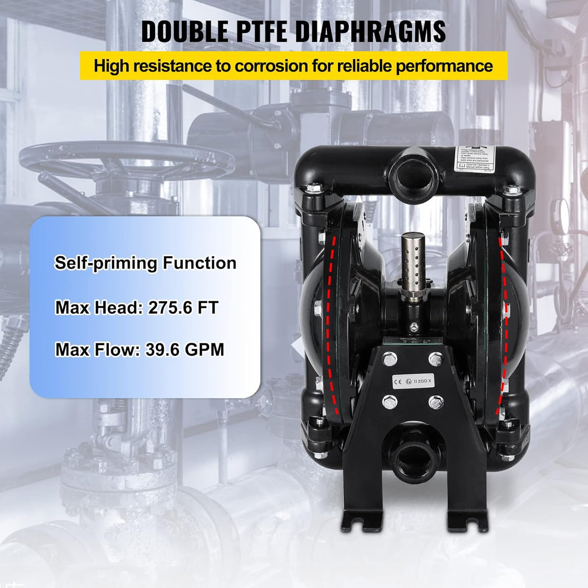 Air-Operated Double Diaphragm Pump 1 inch Aluminum 35 GPM Max 120PSI T3456