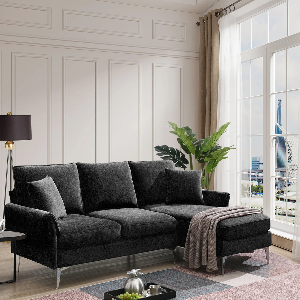 84" L-Shaped Black Sofa with Reversible Chaise I397