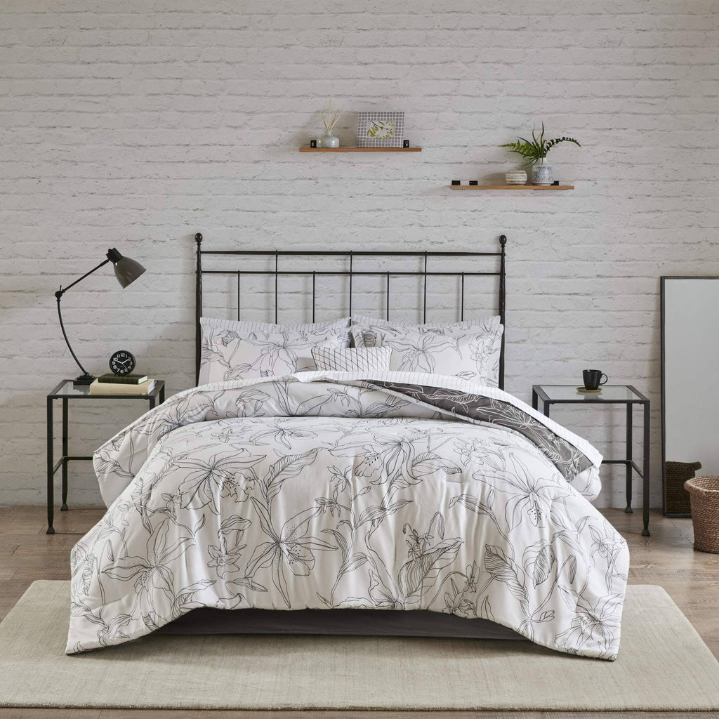 Full White/ Charcoal Reversible Complete Bedding Set with Cotton Sheet S81205