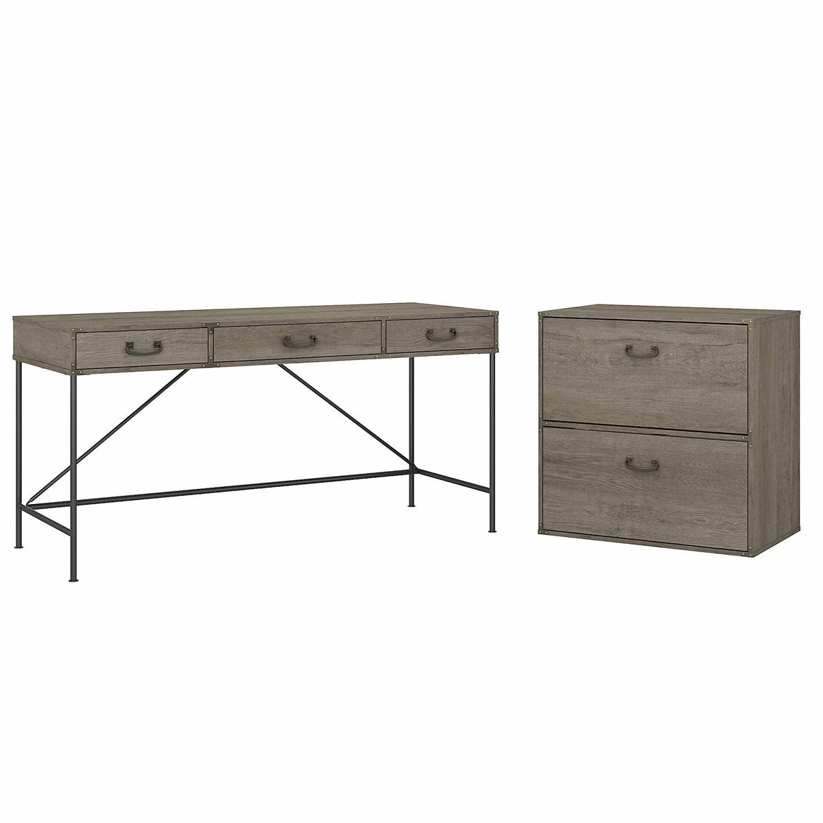 Vintage Golden Pine Writing Desk with Lateral File Cabinet C556