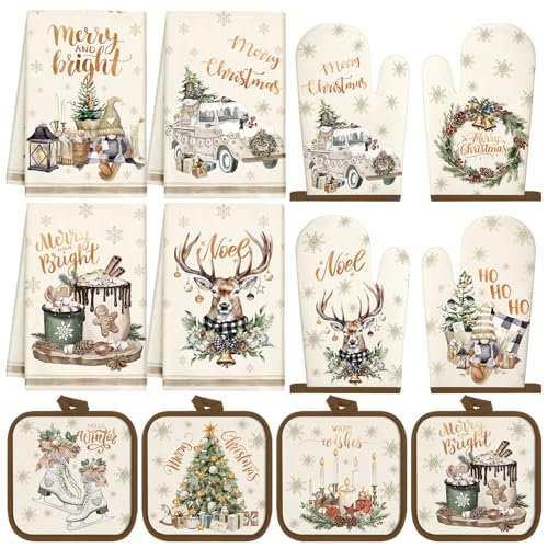 12 Pcs Christmas Kitchen Towels Pot Holders and Oven Mitts Set E609