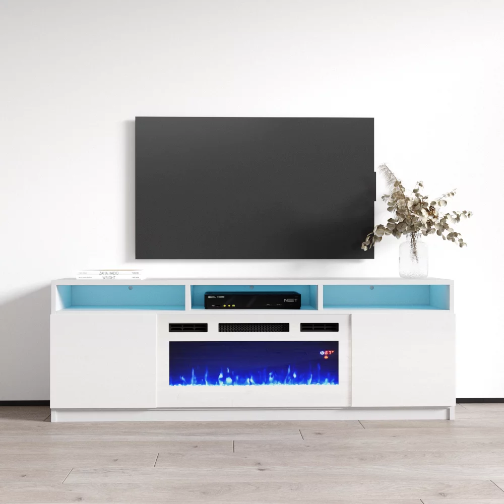 63" High Gloss Fireplace TV Stand with Storage Cabinets and LED Lights I1959