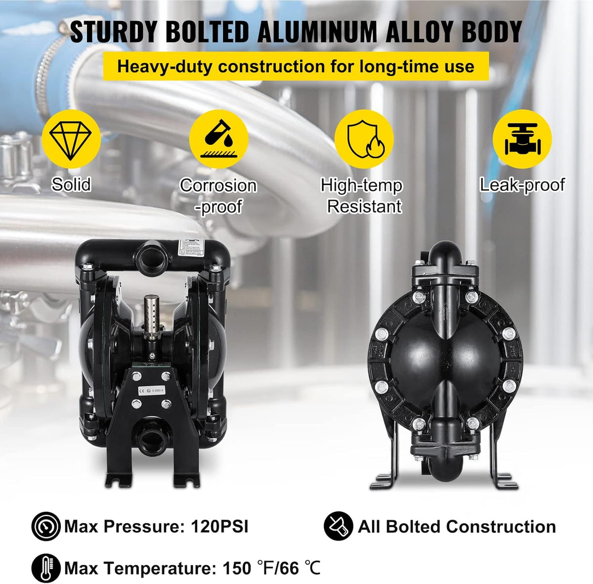 Air-Operated Double Diaphragm Pump 1 inch Aluminum 35 GPM Max 120PSI T3456