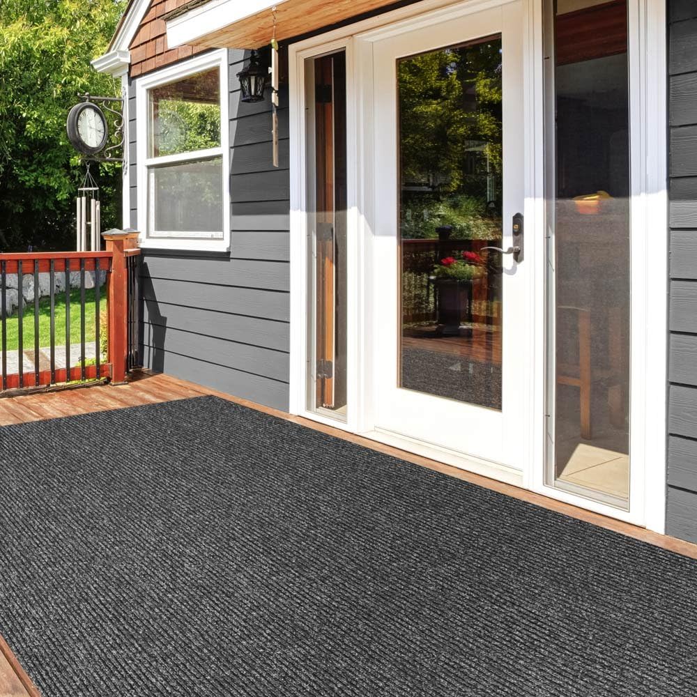 Heavy-Duty Ribbed Indoor Outdoor Carpet with Rubber Marine Backing - Charcoal Black - 6 Feet X 15 Feet A111202