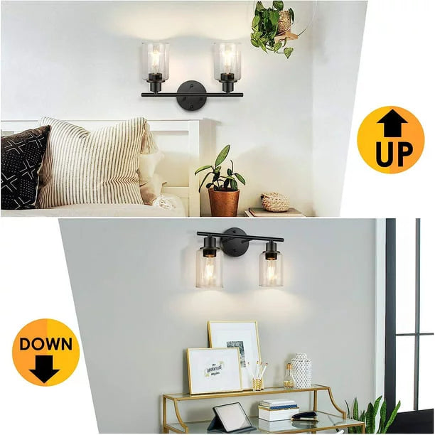 2 Light Matte Black Vanity Light with Glass P7566