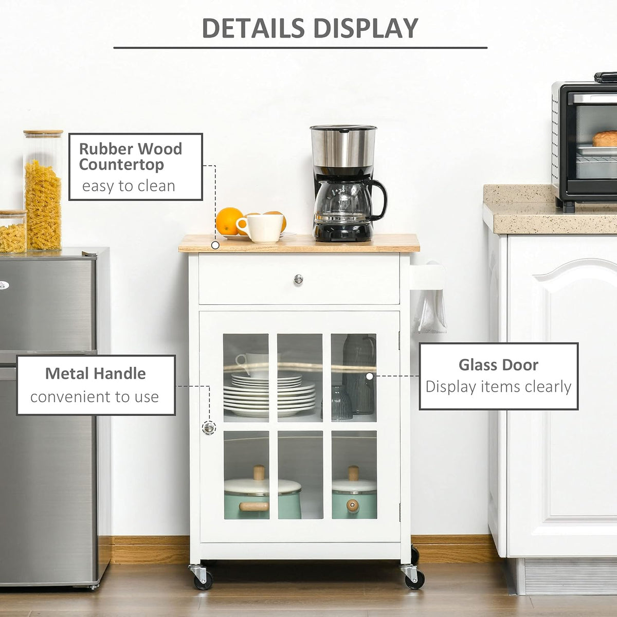 White Rolling Kitchen Island Cart with Drawer and Glass Door Cabinet X459
