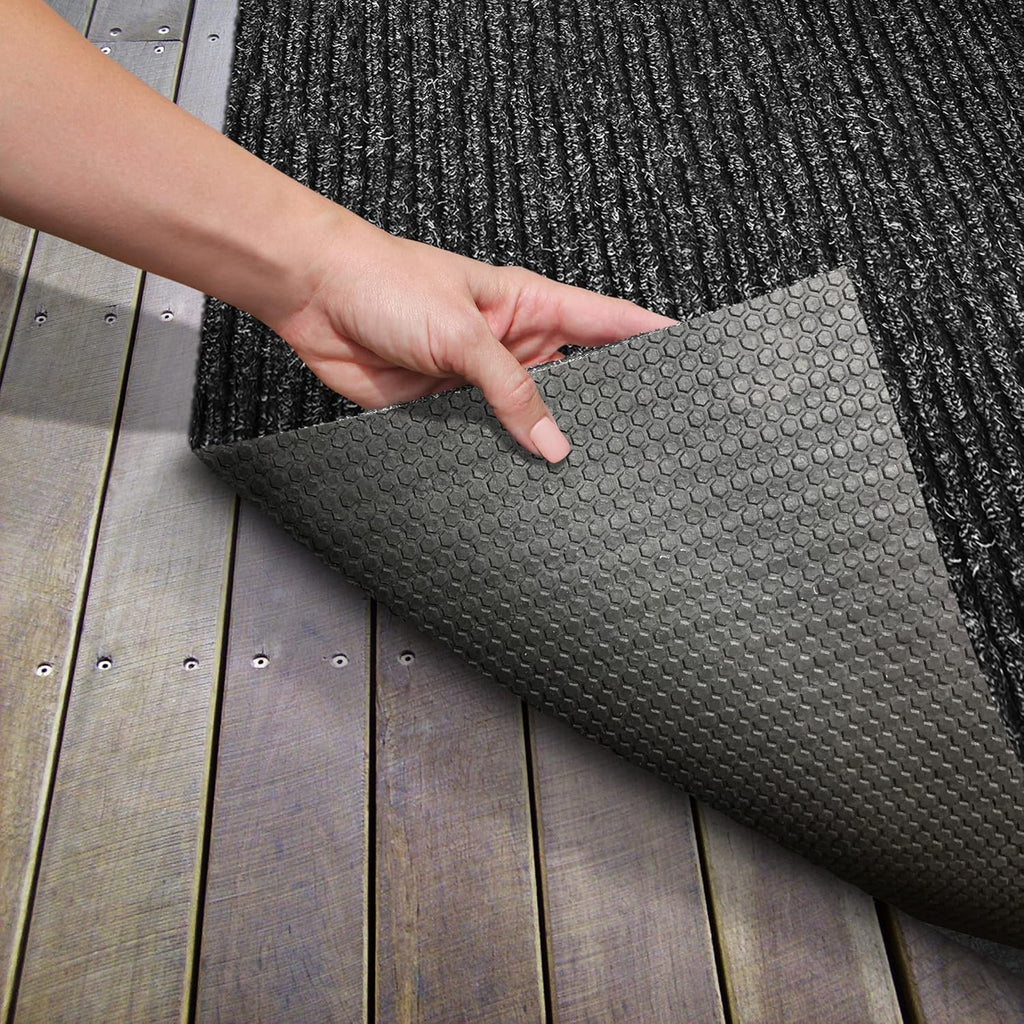 Heavy-Duty Ribbed Indoor Outdoor Carpet with Rubber Marine Backing - Charcoal Black - 6 Feet X 15 Feet A111202