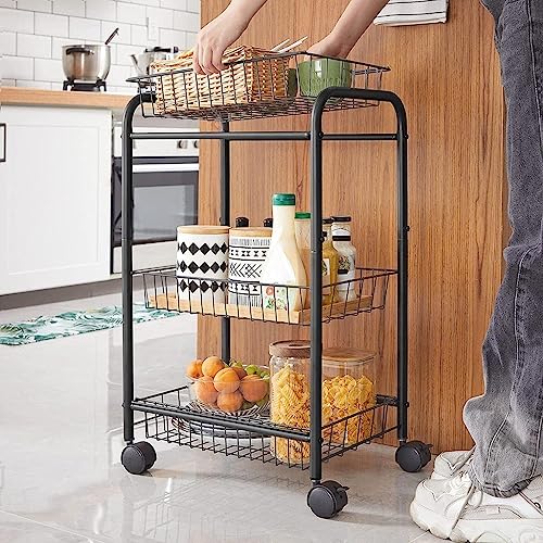 Black 3-Tier Metal Rolling Cart with Baskets and Lockable Handles D289