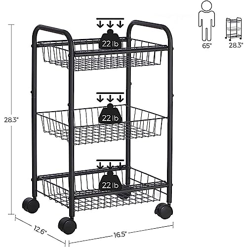 Black 3-Tier Metal Rolling Cart with Baskets and Lockable Handles D289