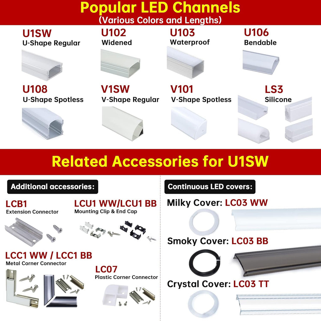 15Pack 3.3FT/1M LED Channel System with Milky White Cover Lens, Silver Aluminum Extrusion Profile Housing Track for Strip Tape Light, U Shape, Pack of 2 Y37331