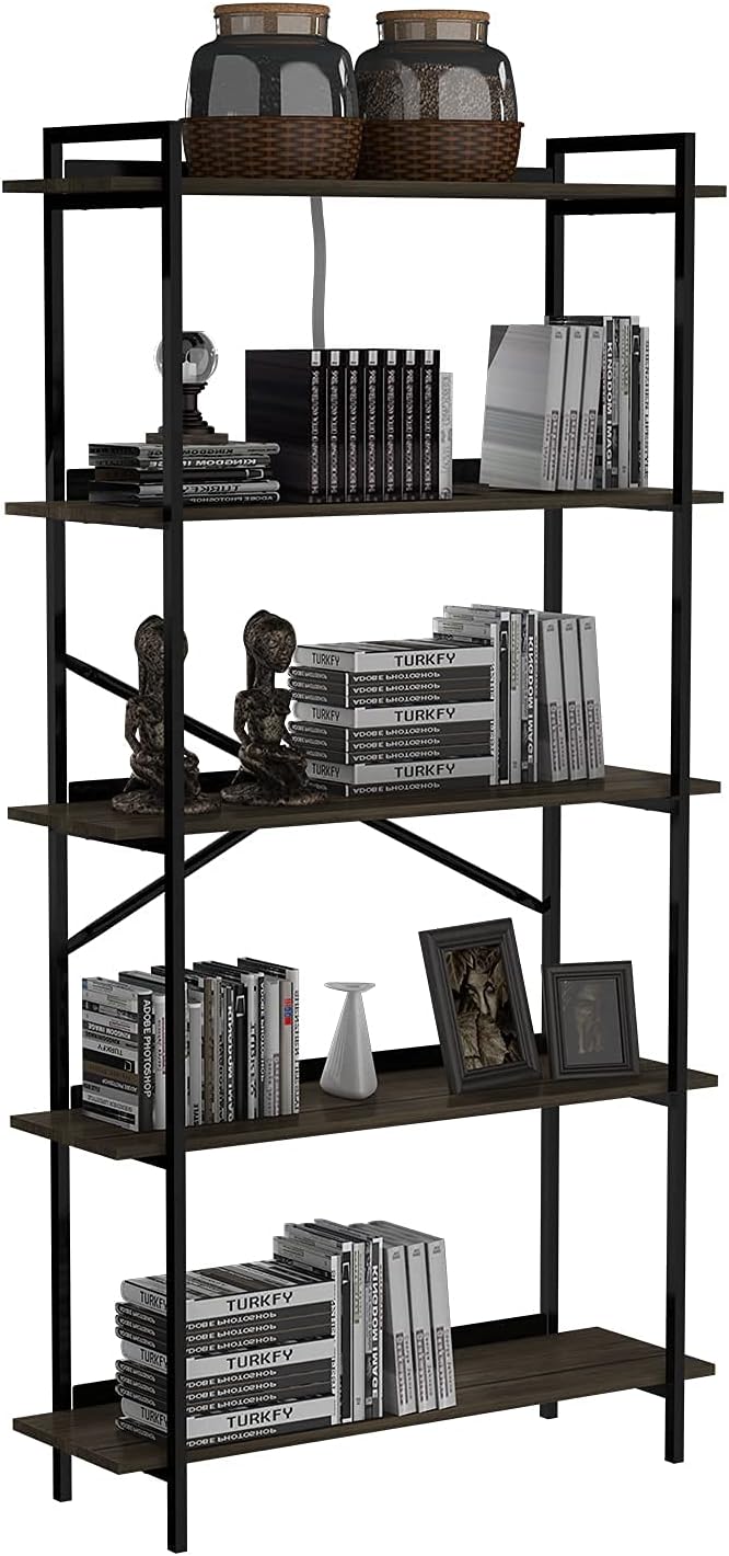 5-Tier Dark Brown Wooden Bookcase with Metal Frames E790