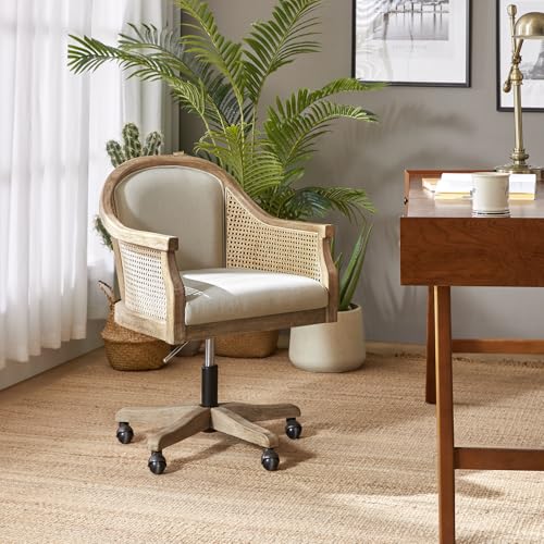 Ivory Upholstered Rattan Desk Chair with Armrest Q4538