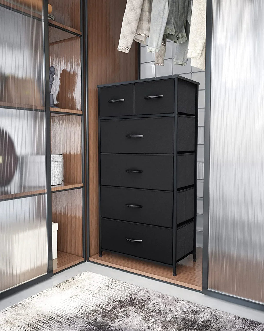 Black 6 Drawer Fabric Dresser N4040