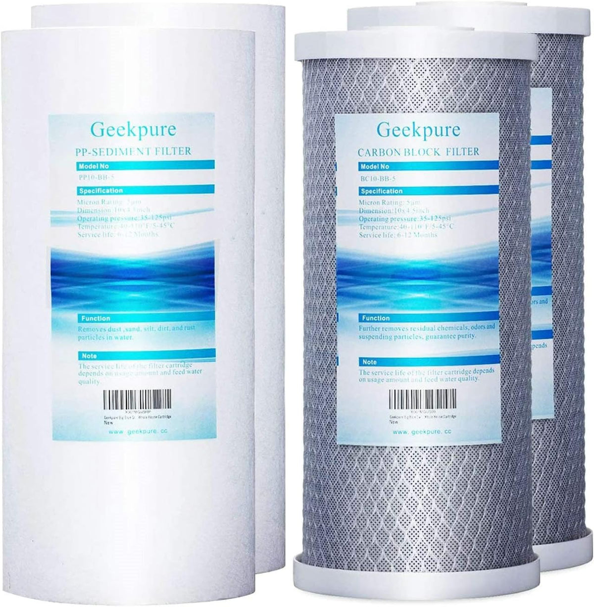 10 Inch Whole House Replacement Water Filters Set with PP Sediment and Carbon Block, 5 Micron, Pack of 2 X2415