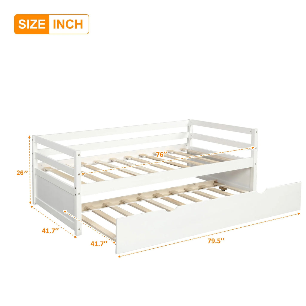 White Twin Wood Daybed with Trundle and Guardrails W671950