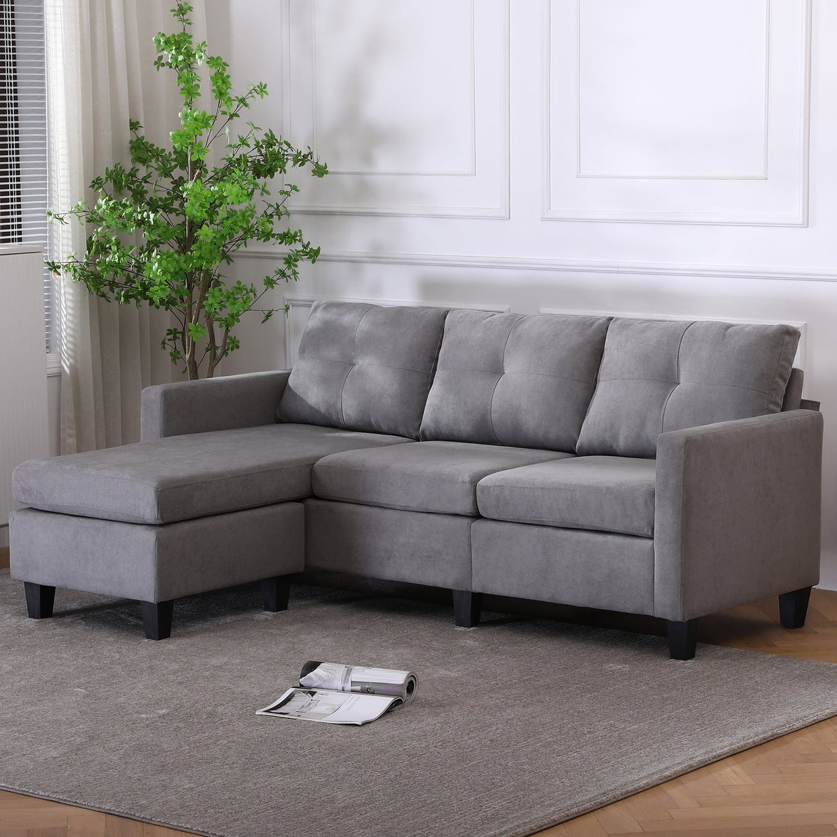 75" Gray Fabric Sofa and Chaise Convertible to Ottoman B841