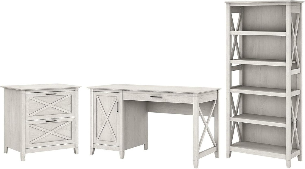 54W Reclaimed Pine Computer Desk with 2 Drawer File Cabinet and 5 Shelf Bookcase H11128