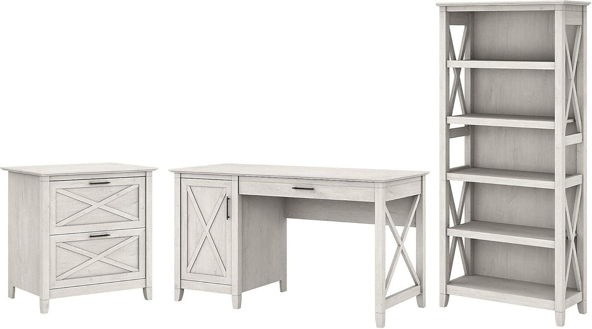 54W Reclaimed Pine Computer Desk with 2 Drawer File Cabinet and 5 Shelf Bookcase H11128