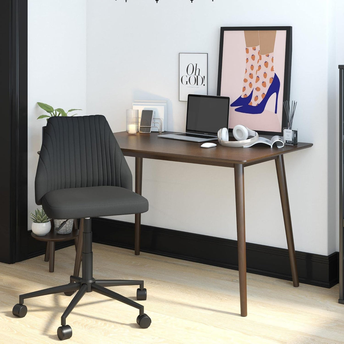 Mustard Linen Office Chair with Casters F964