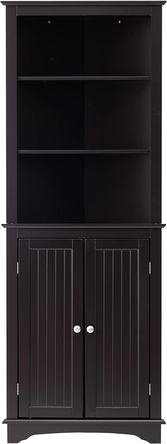 White Tall Corner Storage Cabinet with Two Doors and Three Tier Shelves B5969