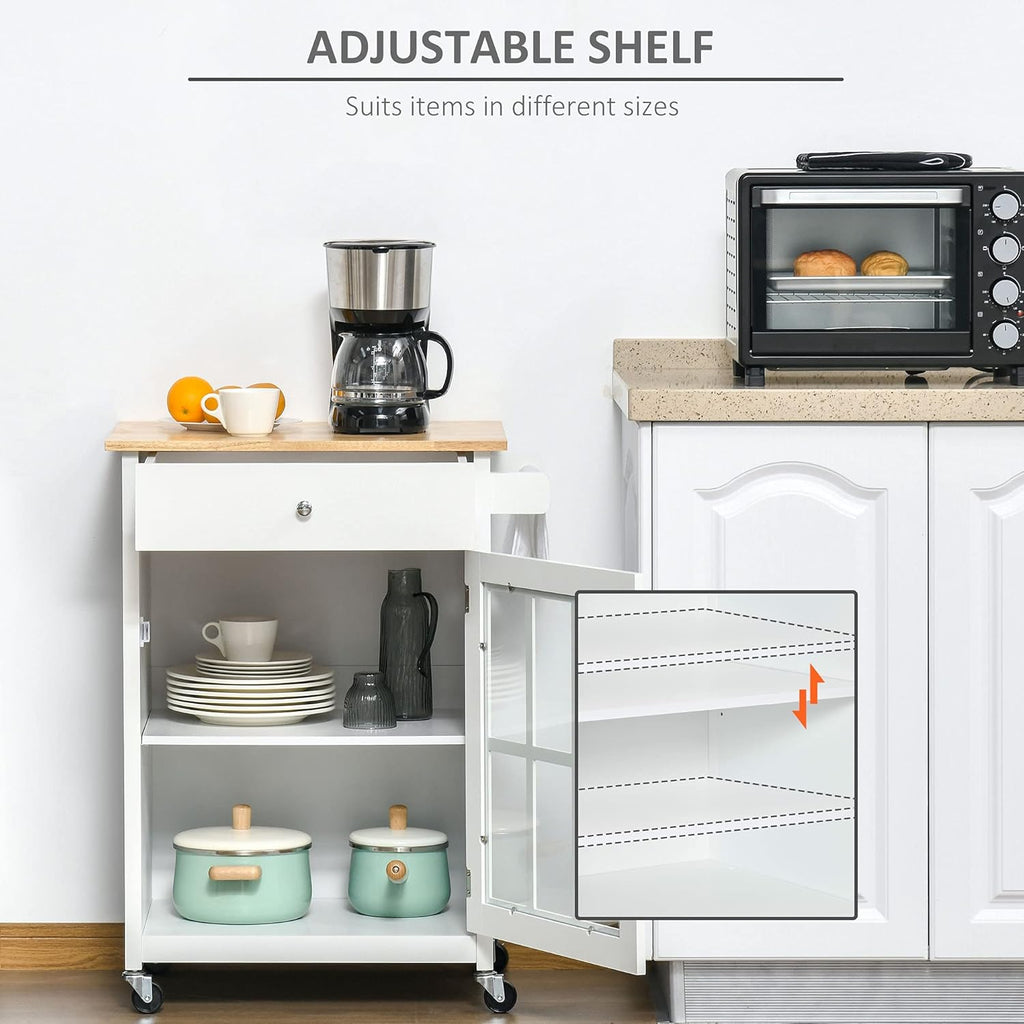 White Rolling Kitchen Island Cart with Drawer and Glass Door Cabinet X459