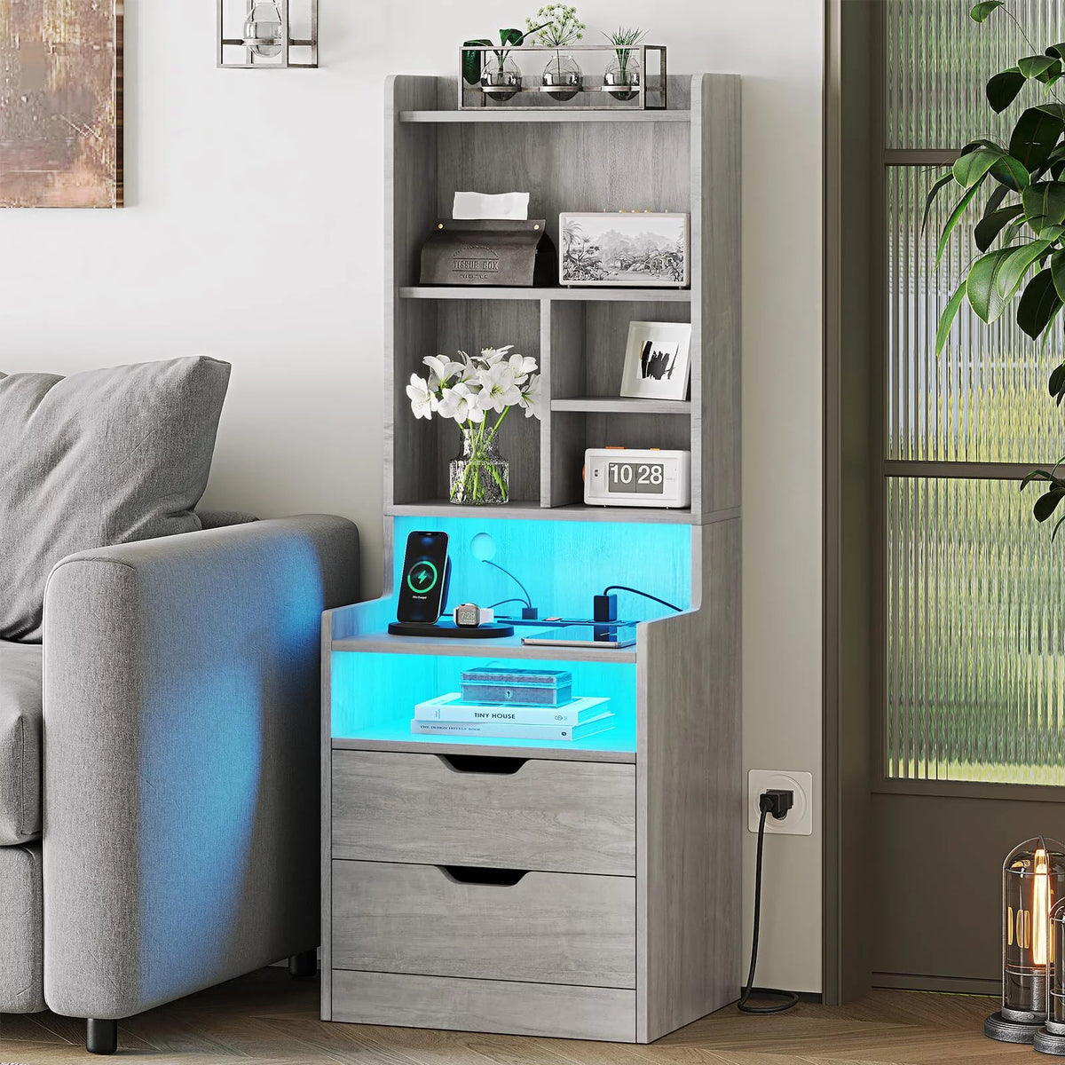 Set of 2 Gray Nightstand with Charging Station and 2 Drawers R78036
