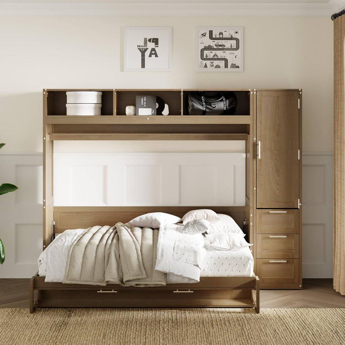 Full Size Murphy Bed Frame with Wardrobe, 3 Drawers and Open Shelves U8167