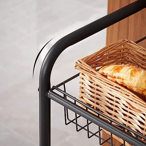 Black 3-Tier Metal Rolling Cart with Baskets and Lockable Handles D289