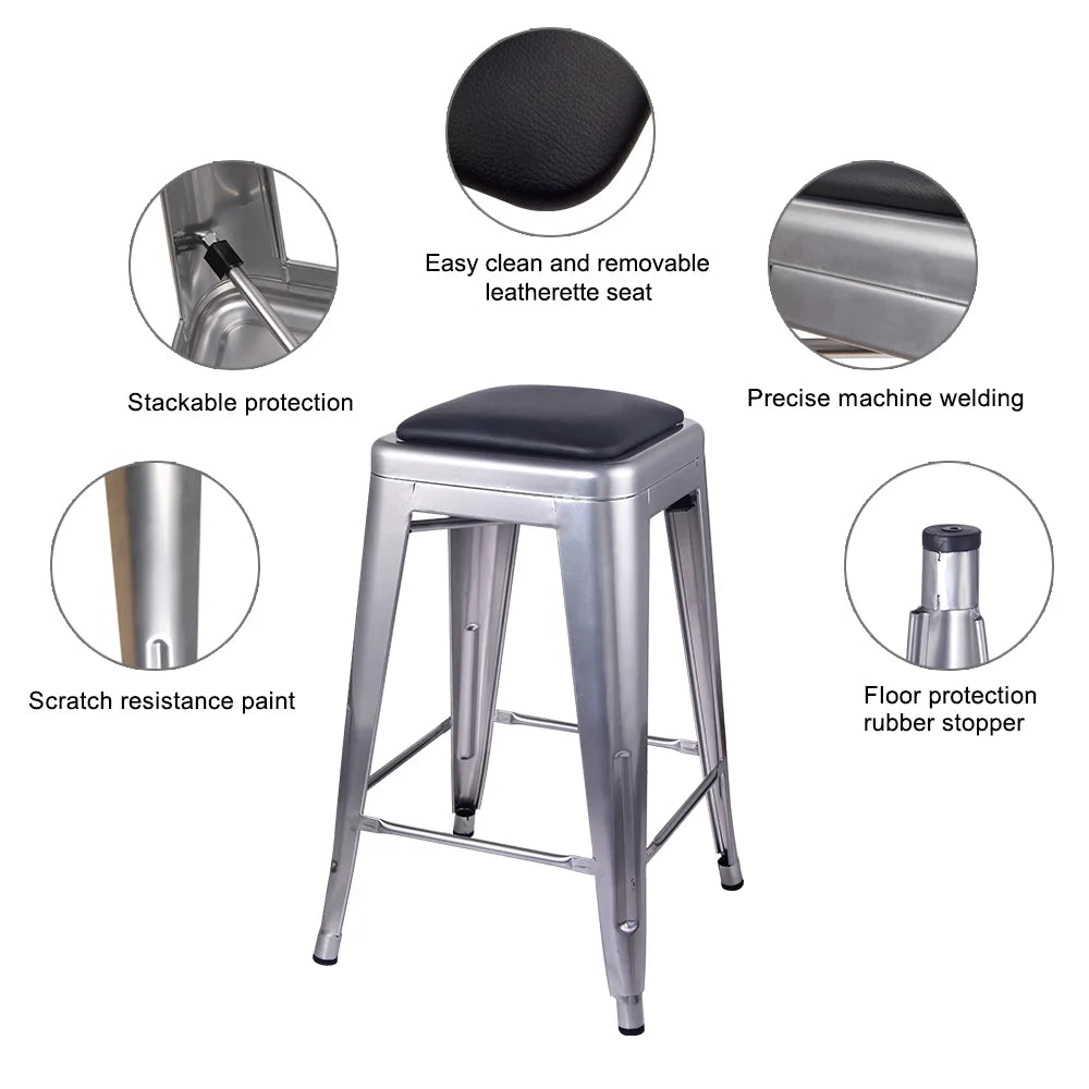 24 Inch Counter Height Backless Metal Stool with Vegan Leather Seat B707628