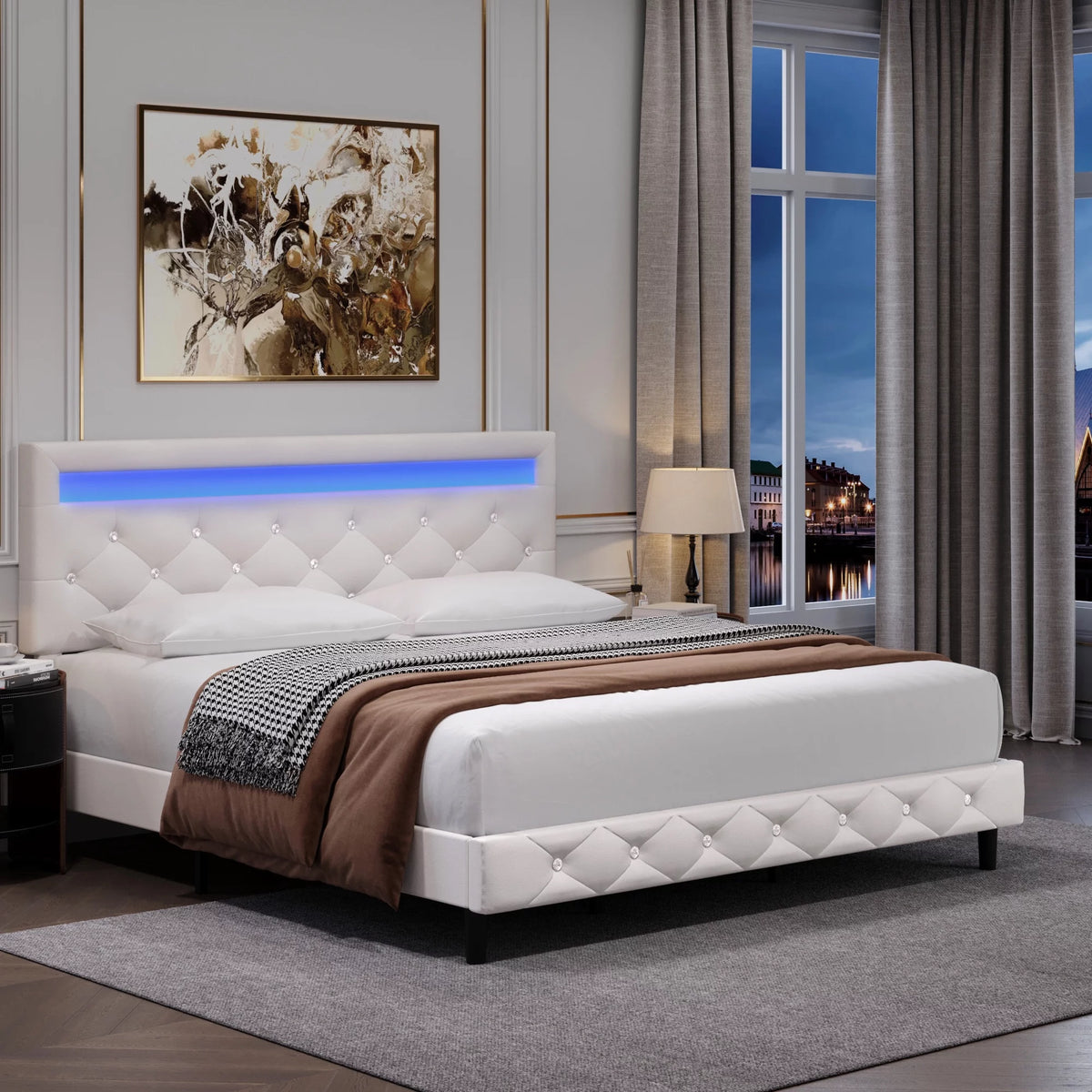 Queen Size LED Upholstered Platform Bed Frame with Adjustable Headboard X884