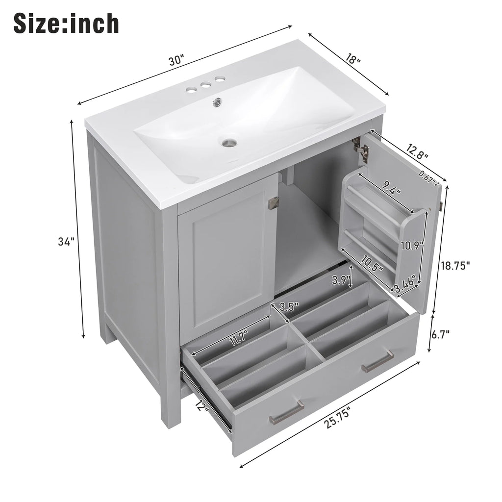 30" Solid Wood Bathroom Vanity Cabinet with Top Basin W3267