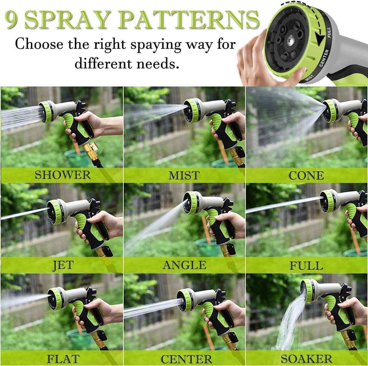 50FT Expandable Garden Hose with 9 Function Nozzle and Solid Brass Fittings I625