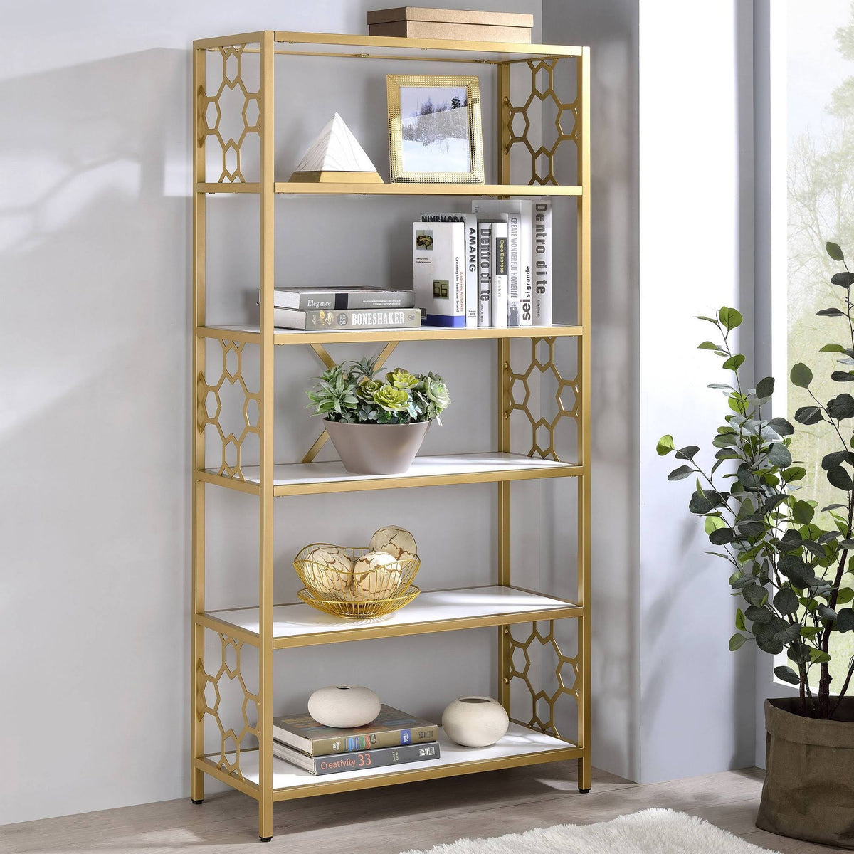 White/Gold 6 Shelf Bookcase C26678