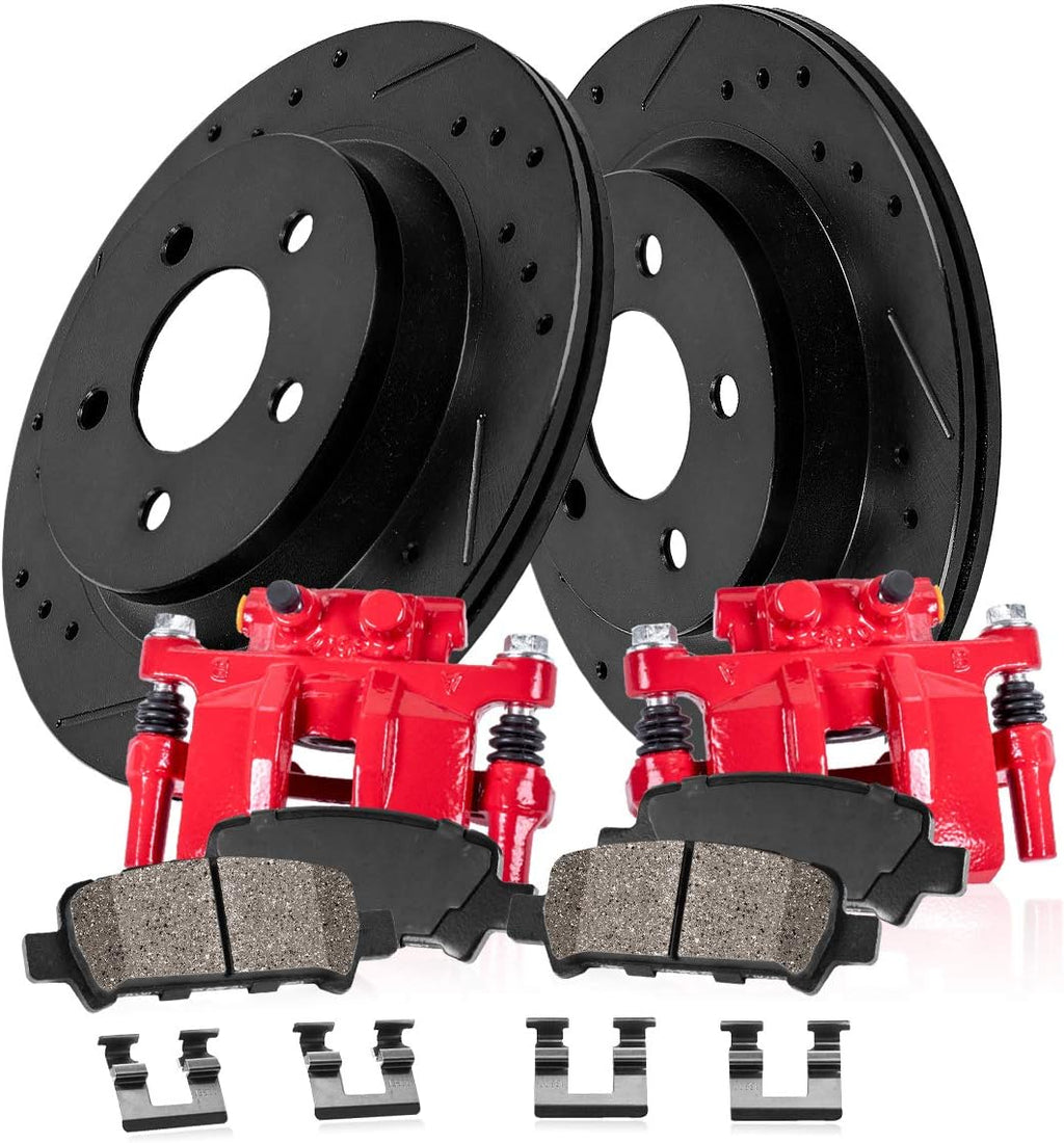 Powder Coated Red Calipers, Black Powder Coated Rotors, Ceramic Brake Pads T756751