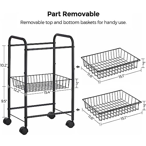Black 3-Tier Metal Rolling Cart with Baskets and Lockable Handles D289