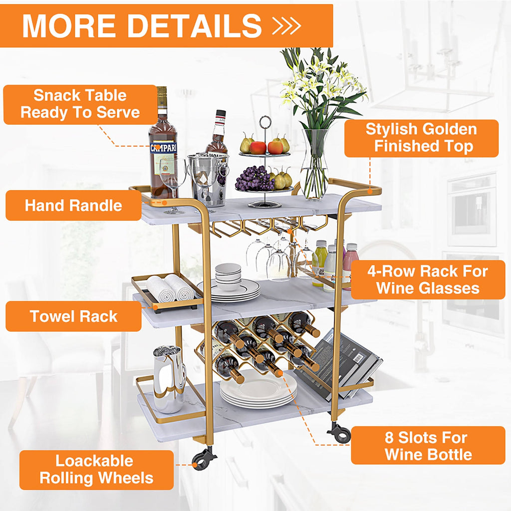 Black 3 Tier Bar Cart with Wheels R9357