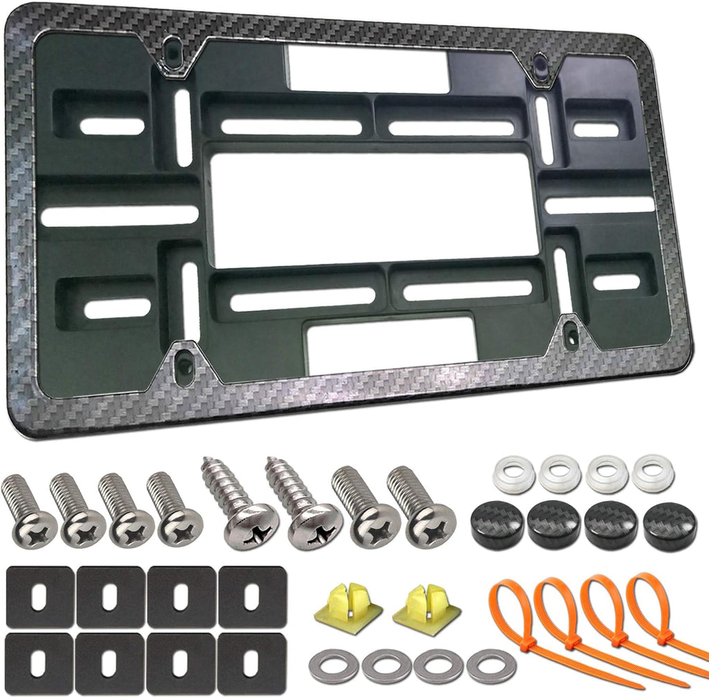 Carbon Fiber License Plate Frame and Bracket, Black Aluminum, Pack of 2 W626